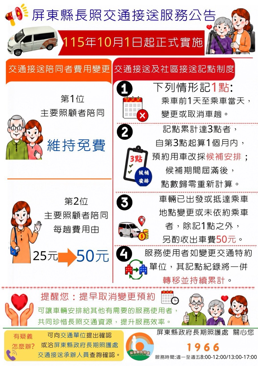 🚐 屏東縣長期照顧交通接送「取消訂車記點制度」(自115年10月1...
